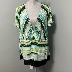 Lane Bryant Green and Blue semi sheer V-Neck top size 26 / 28